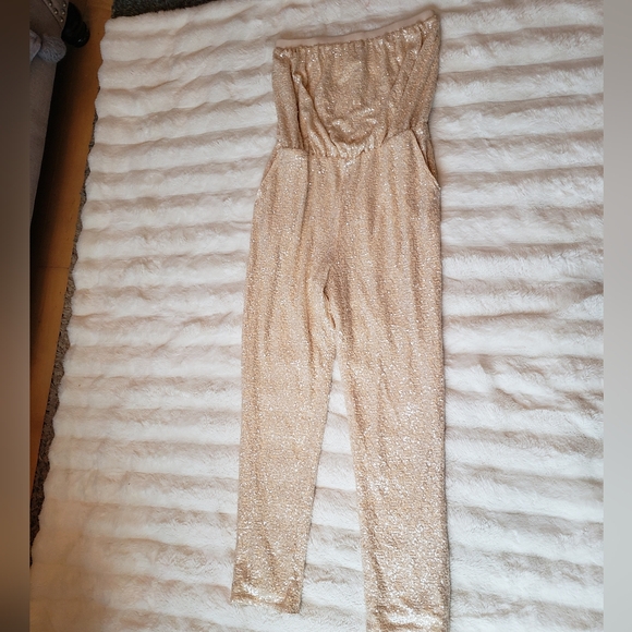 Susana Monaco Creme Sequin Strapless Tube Straight Leg Jumpsuit - Picture 3 of 6